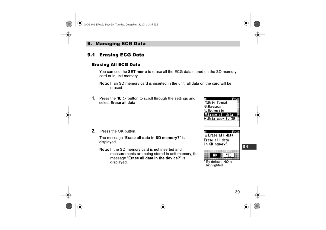 Omron HCG-801 Managing ECG Data Erasing ECG Data, Erasing All ECG Data, Message Erase all data in SD memory? is displayed 