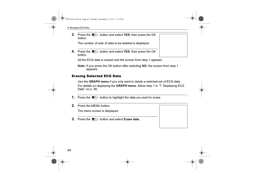 Omron HCG-801 instruction manual Erasing Selected ECG Data 