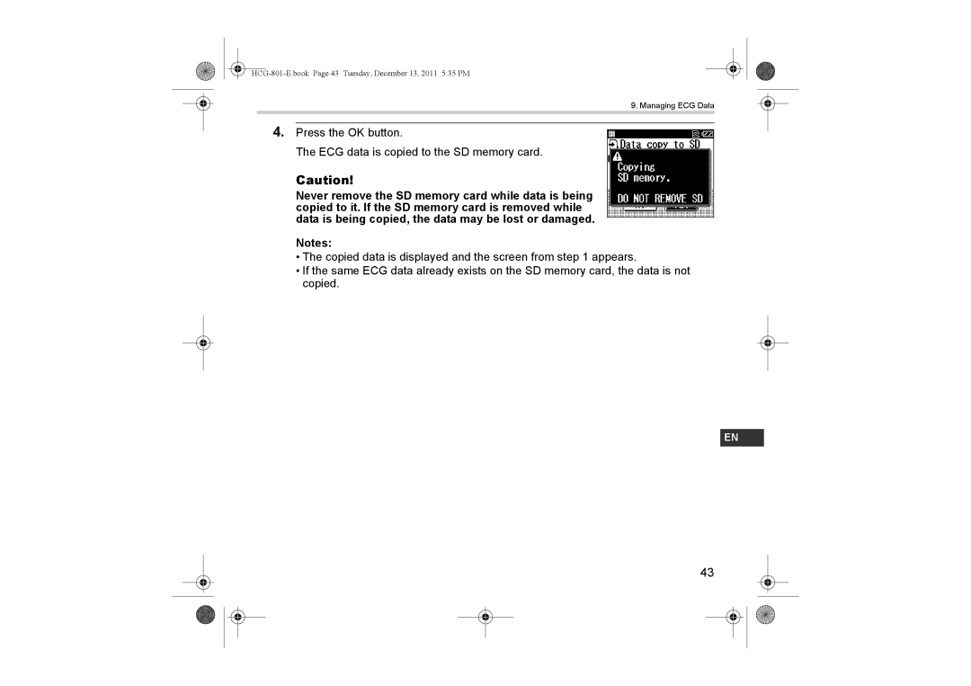 Omron HCG-801 instruction manual Press the OK button ECG data is copied to the SD memory card 