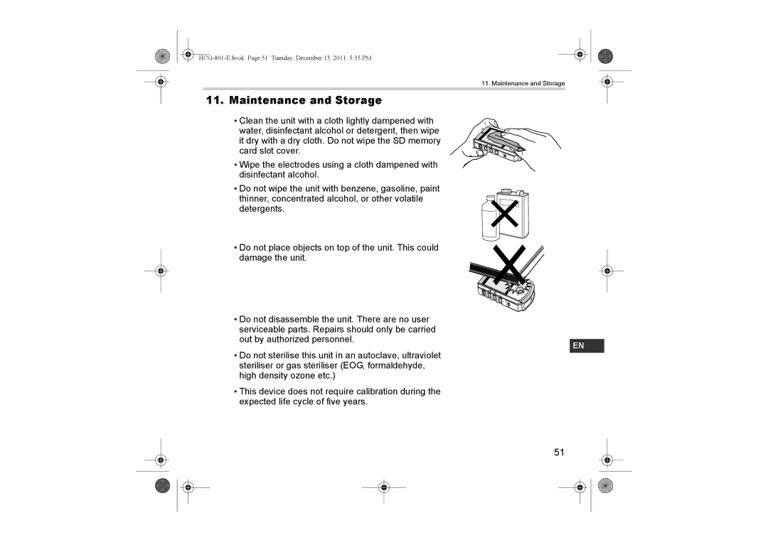 Omron HCG-801 instruction manual Maintenance and Storage 