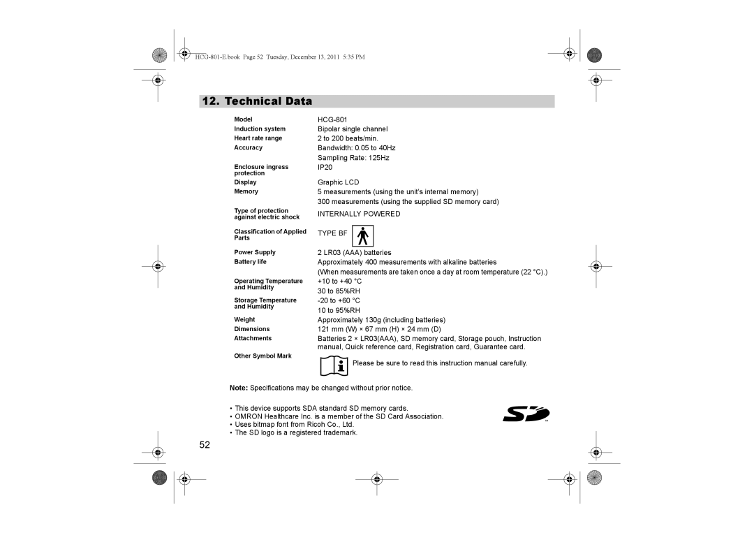 Omron HCG-801 instruction manual Technical Data, Internally Powered Type BF 