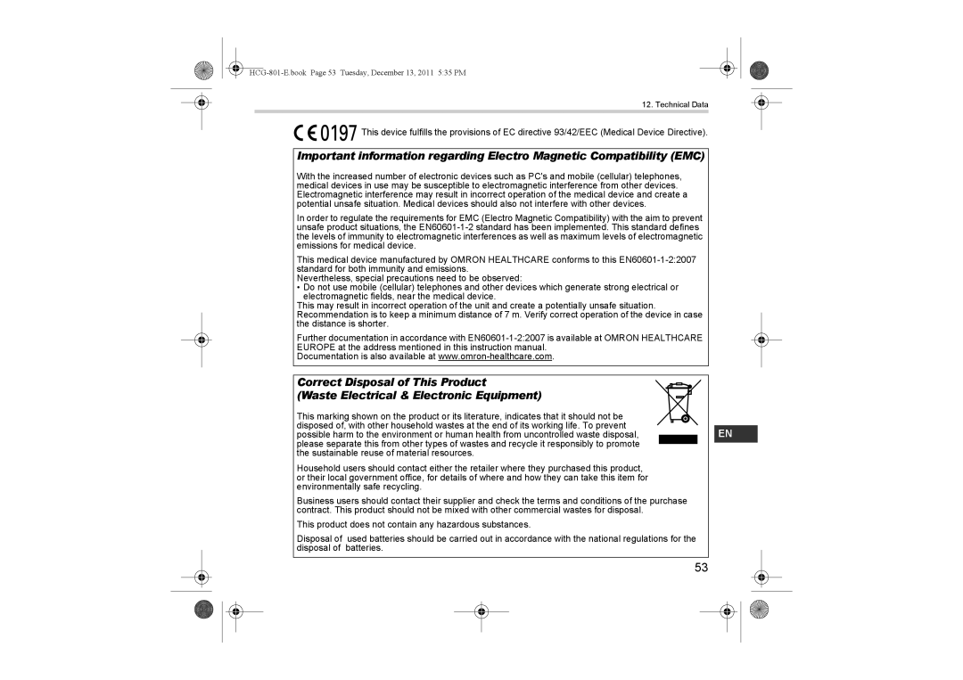 Omron HCG-801 instruction manual Technical Data 