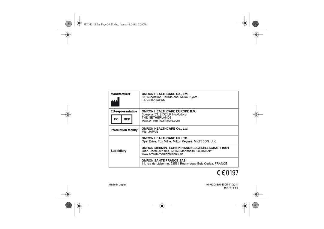 Omron HCG-801 instruction manual Omron Healthcare Europe B.V 