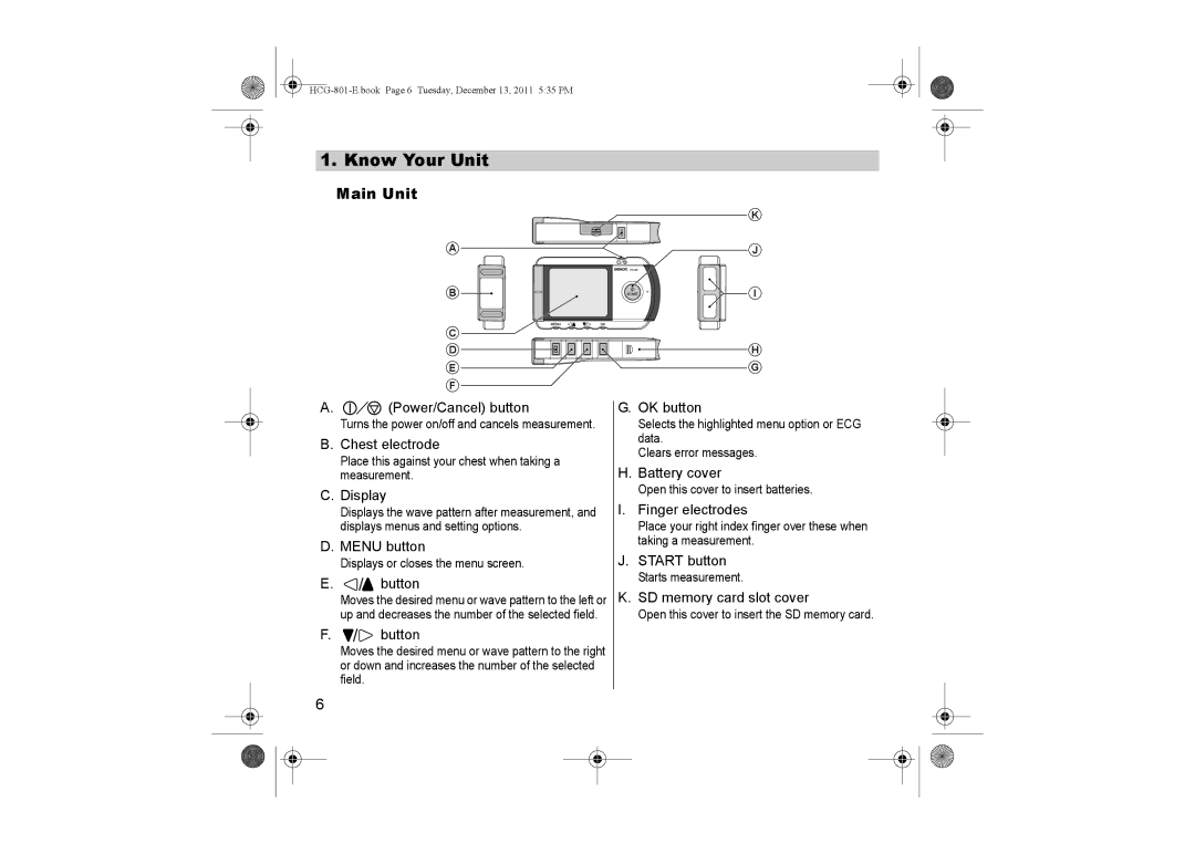 Omron HCG-801 instruction manual Know Your Unit, Main Unit 