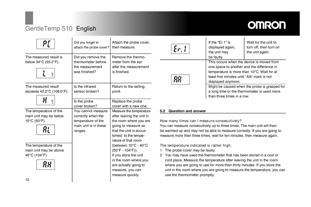 Omron Healthcare 510 instruction manual Temperature indicated is rather high 