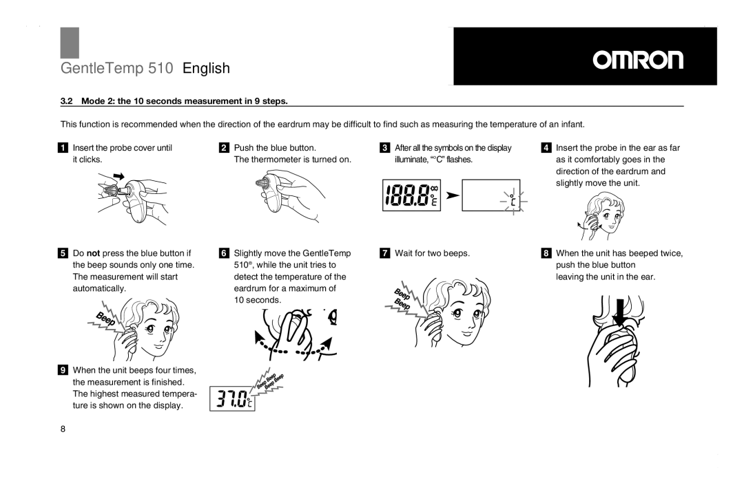 Omron Healthcare 510 instruction manual Mode 2 the 10 seconds measurement in 9 steps 