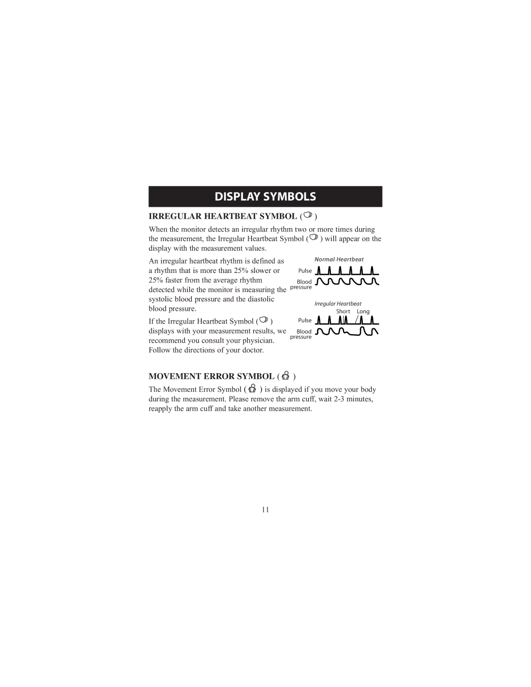 Omron Healthcare 7300IT instruction manual Display Symbols, Irregular Heartbeat Symbol, Movement Error Symbol 