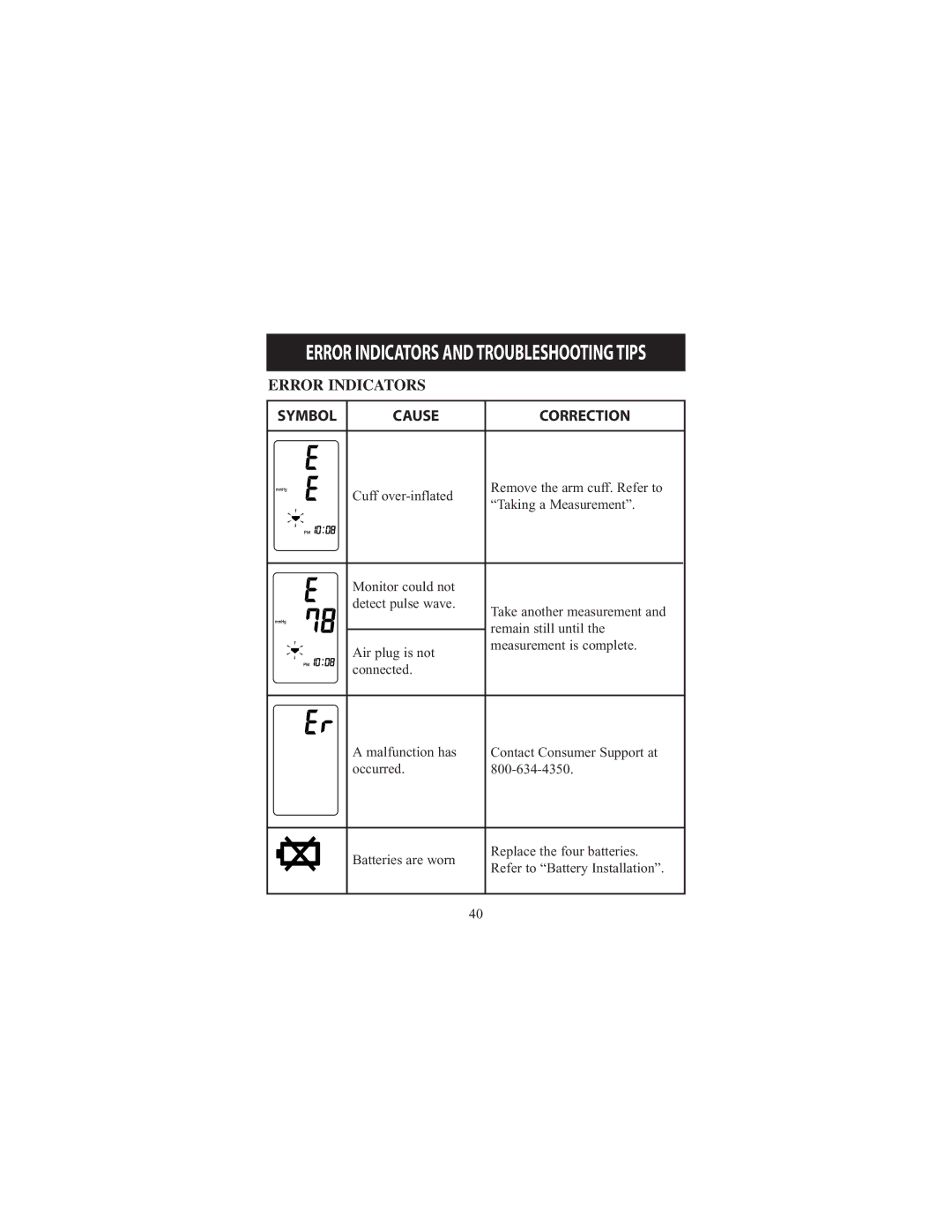 Omron Healthcare 7300IT instruction manual Error Indicators and Troubleshooting Tips 