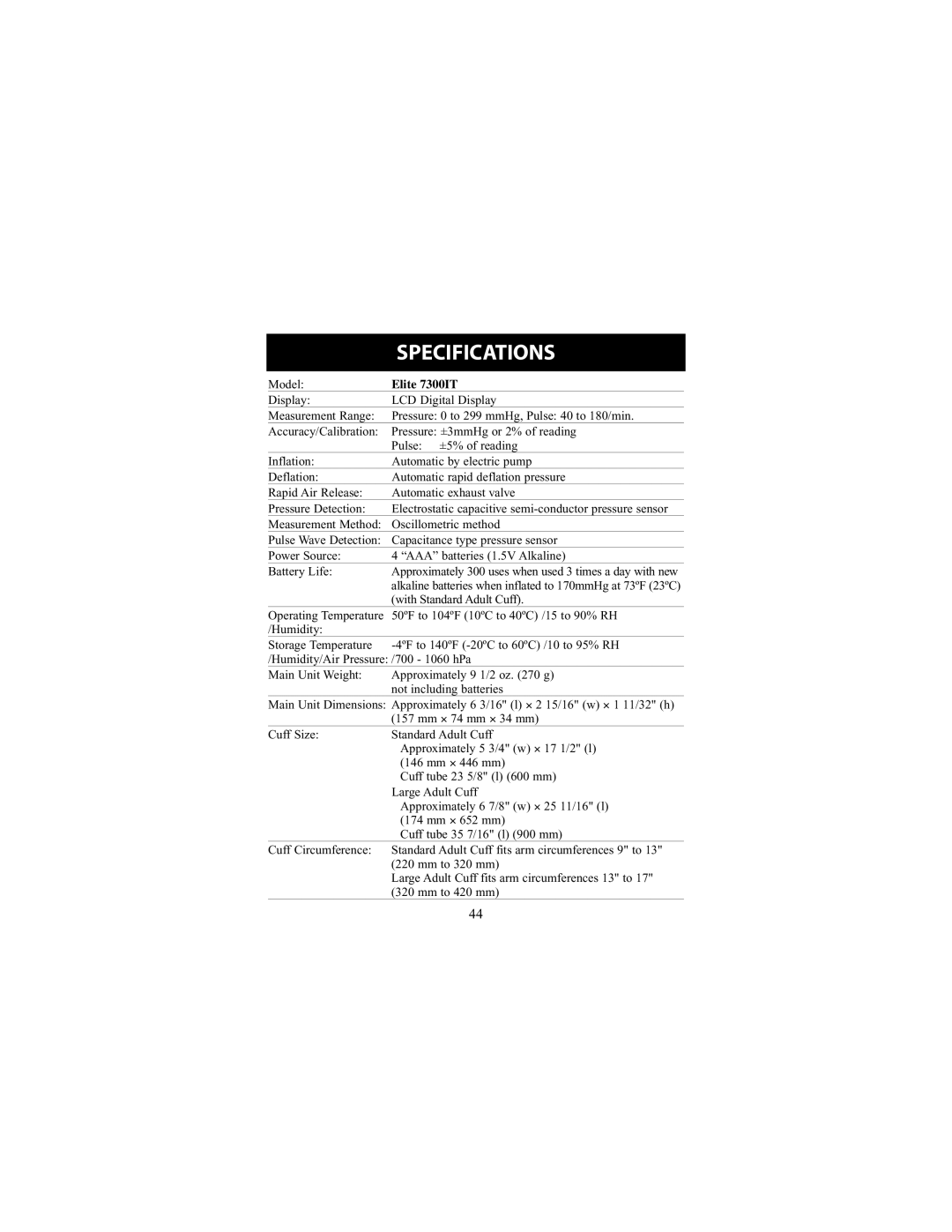 Omron Healthcare instruction manual Specifications, Elite 7300IT 