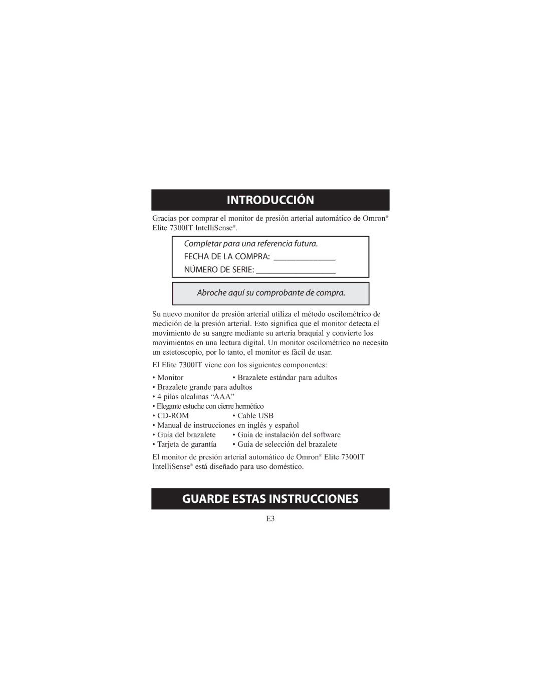 Omron Healthcare 7300IT instruction manual Introducción, Guarde Estas Instrucciones 