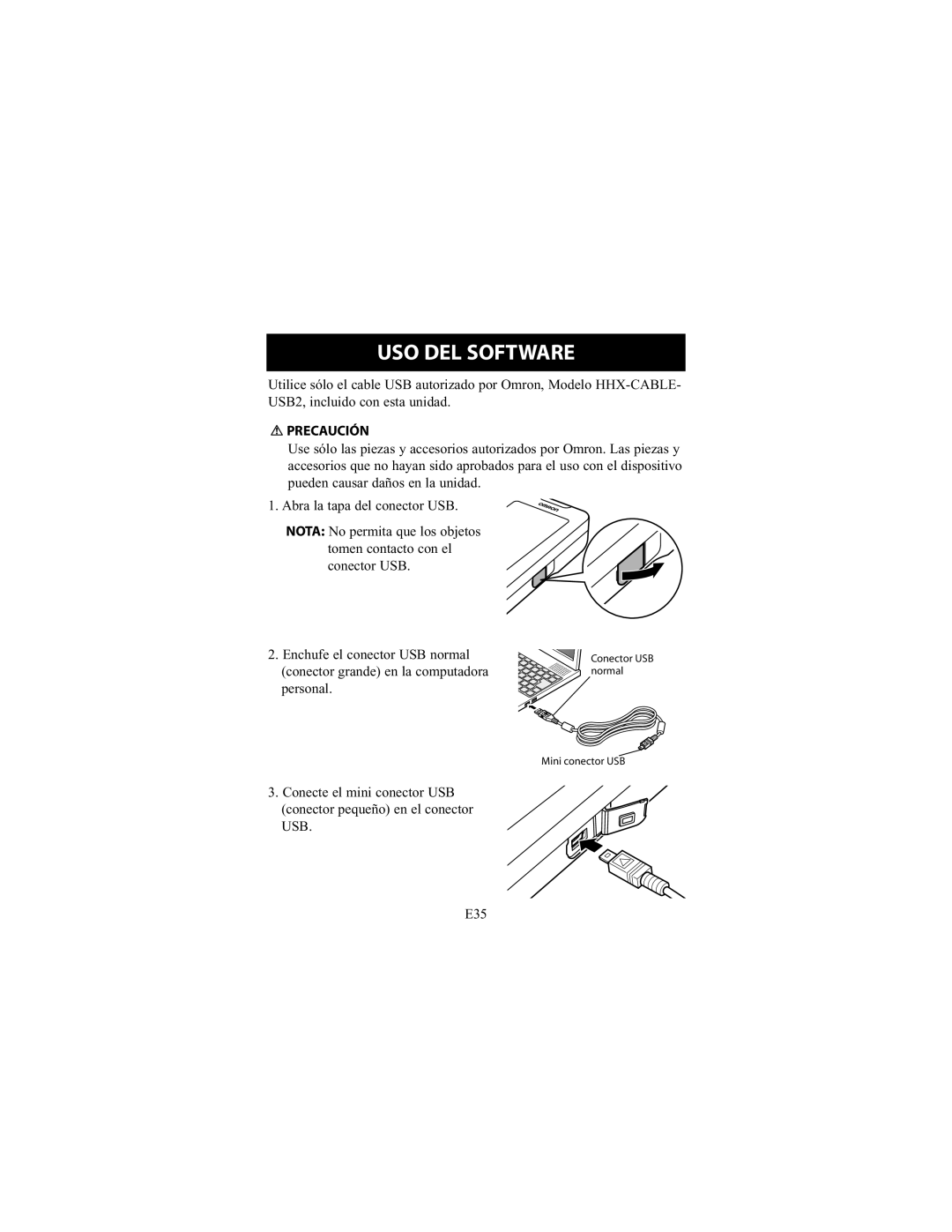 Omron Healthcare 7300IT instruction manual Conector USB normal Mini conector USB 