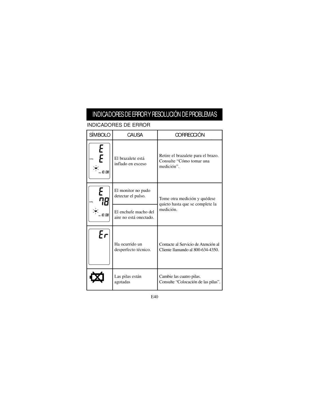 Omron Healthcare 7300IT instruction manual Indicadores DE Error Y Resolución DE Problemas 