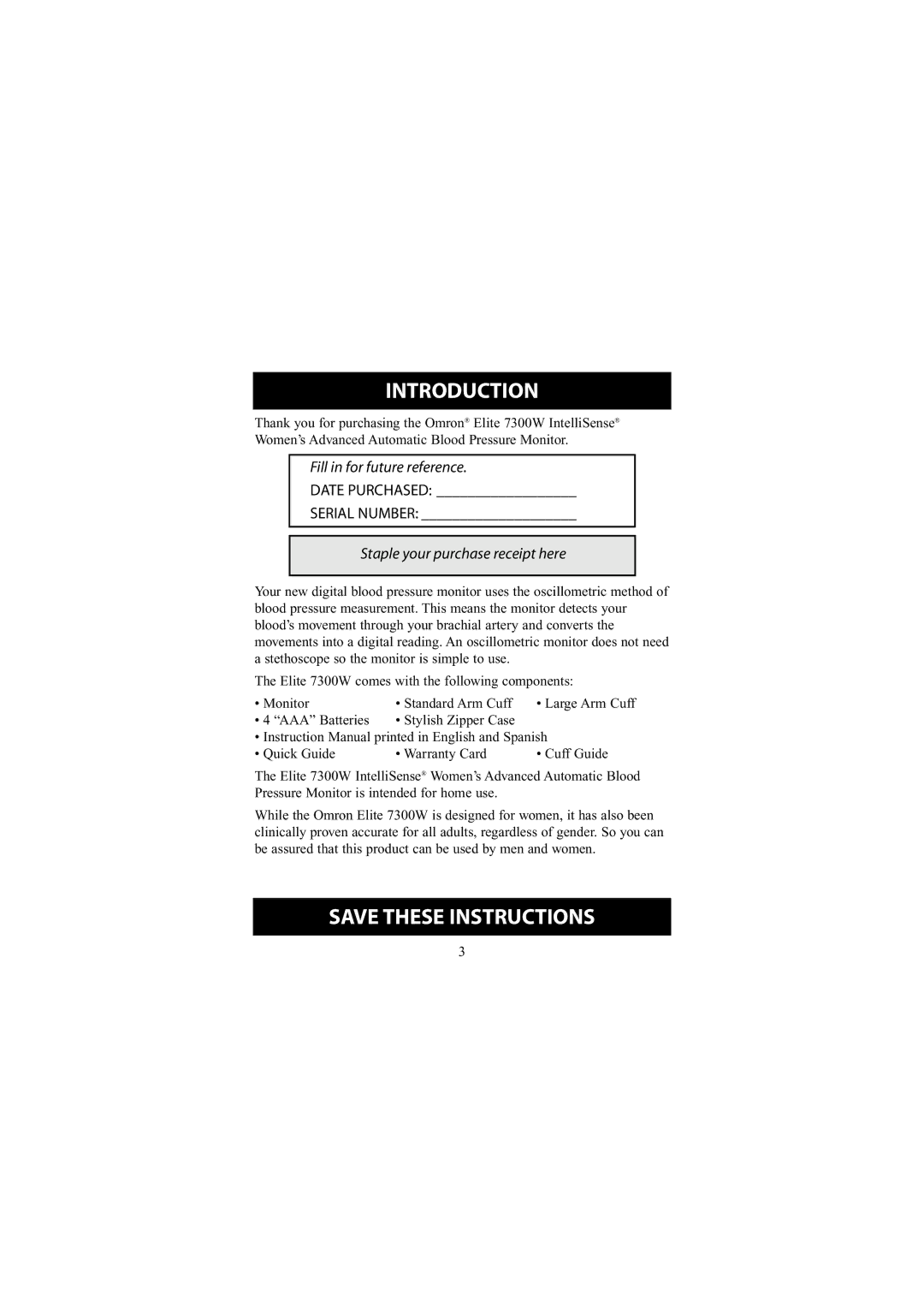 Omron Healthcare 7300W instruction manual Introduction, Staple your purchase receipt here 