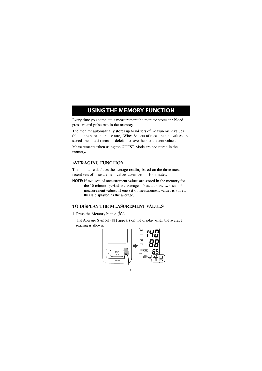 Omron Healthcare 7300W instruction manual Using the Memory Function, Averaging Function, To Display the Measurement Values 