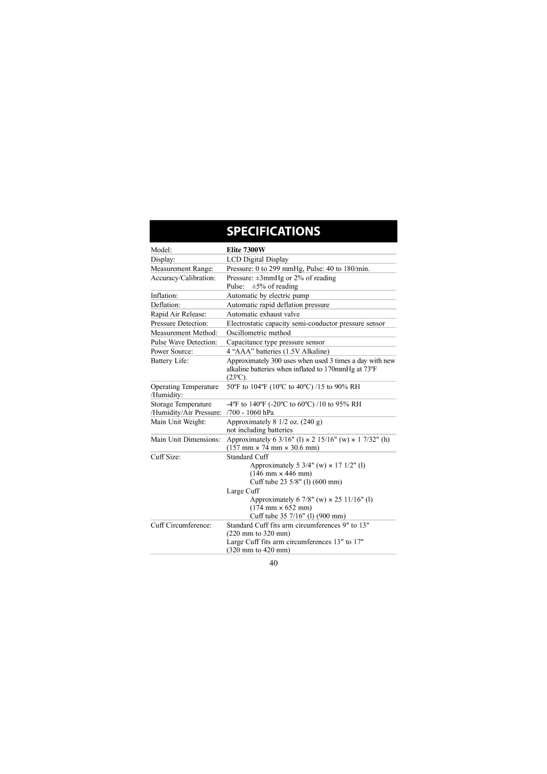 Omron Healthcare instruction manual Specifications, Elite 7300W 