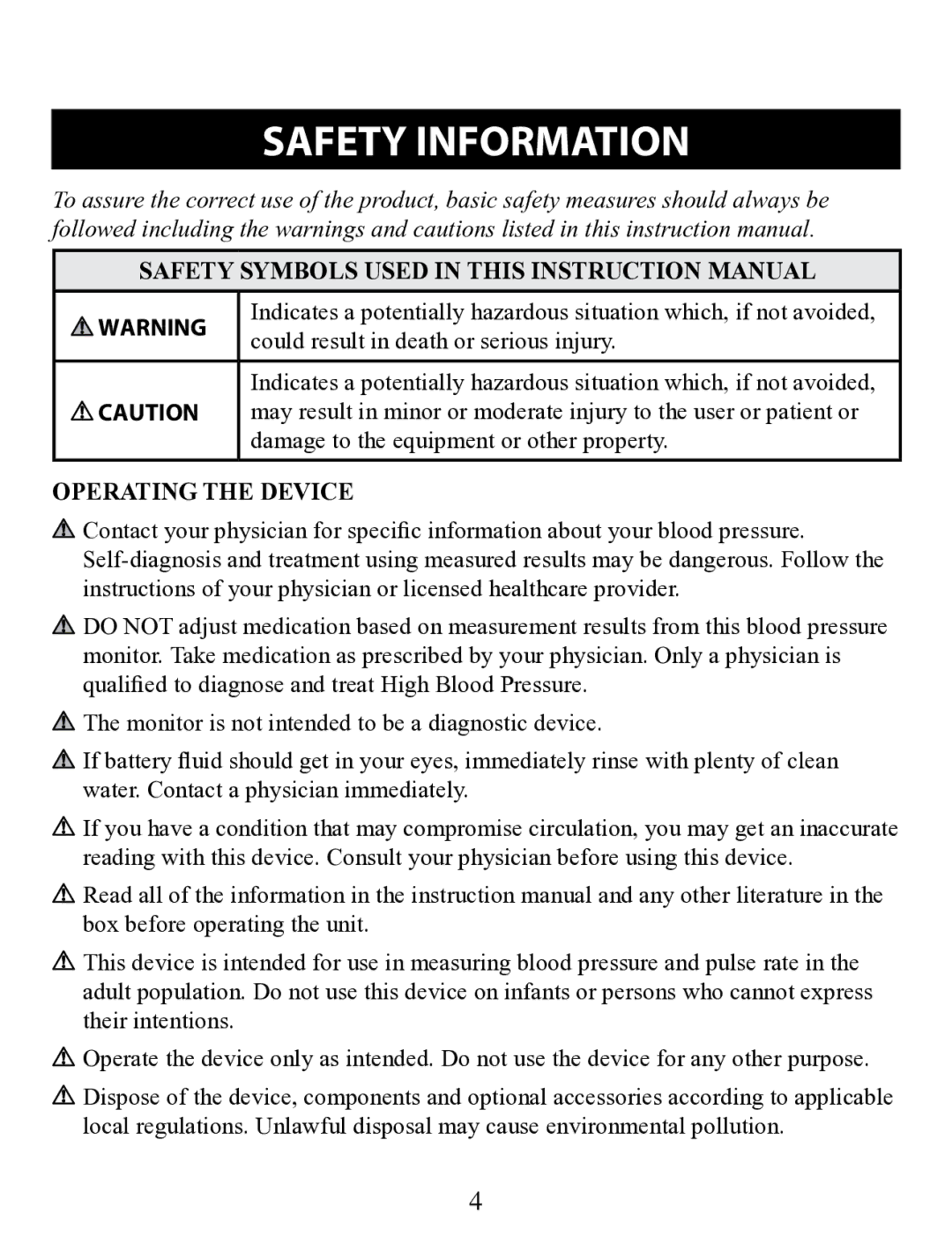 Omron Healthcare BP629 instruction manual Safety Information, Could result in death or serious injury, Operating the Device 