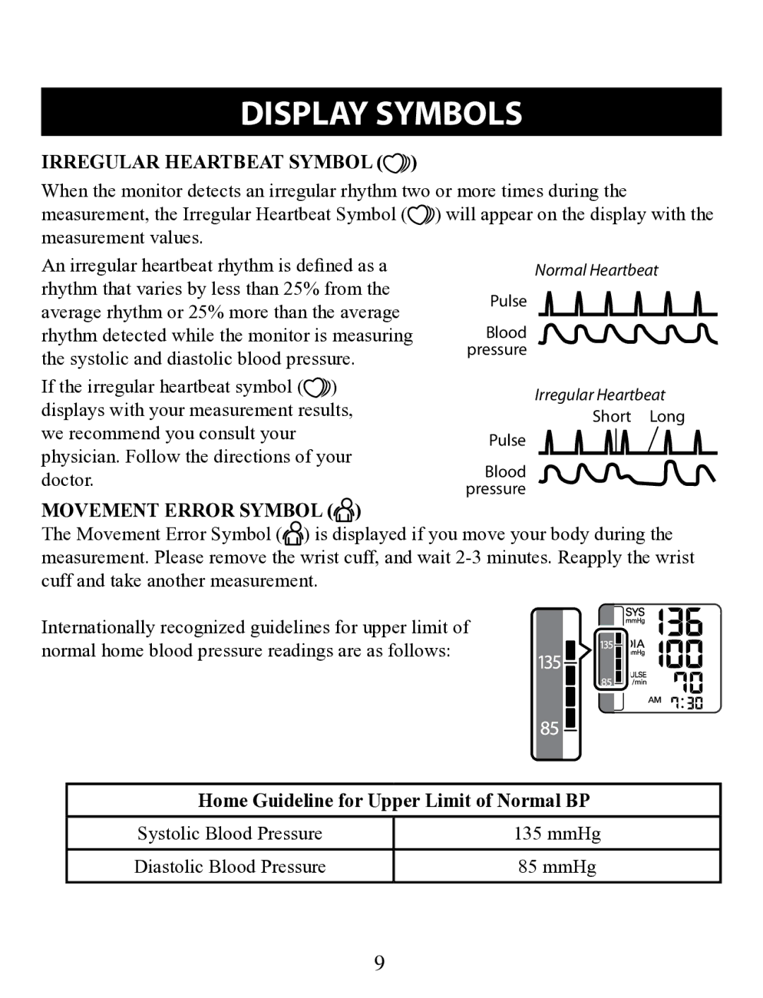 Omron Healthcare BP629 Display Symbols, Irregular Heartbeat Symbol, Movement Error Symbol, Systolic Blood Pressure MmHg 