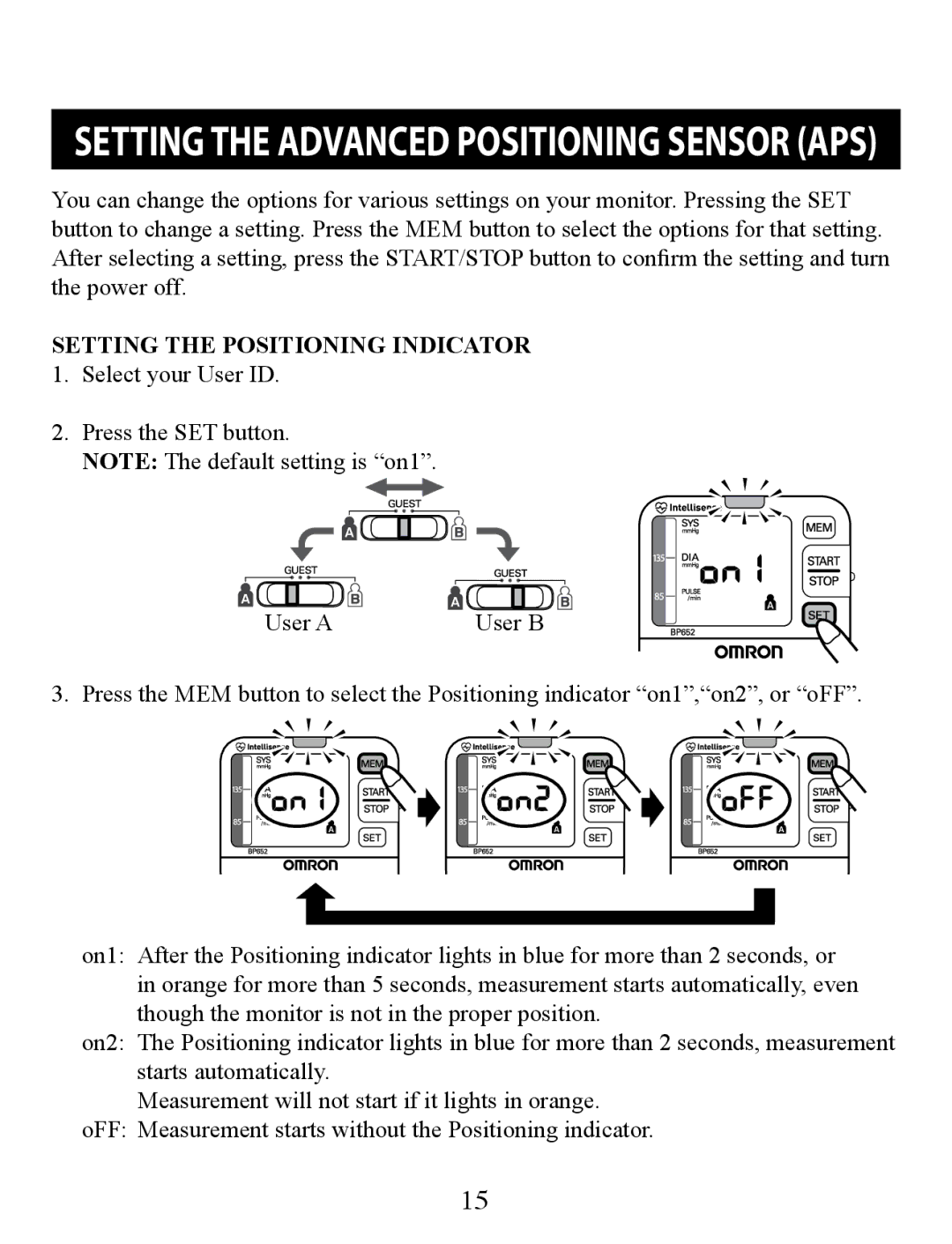 Omron Healthcare BP652 instruction manual Setting the Advanced Positioning Sensor APS, Setting the Positioning Indicator 