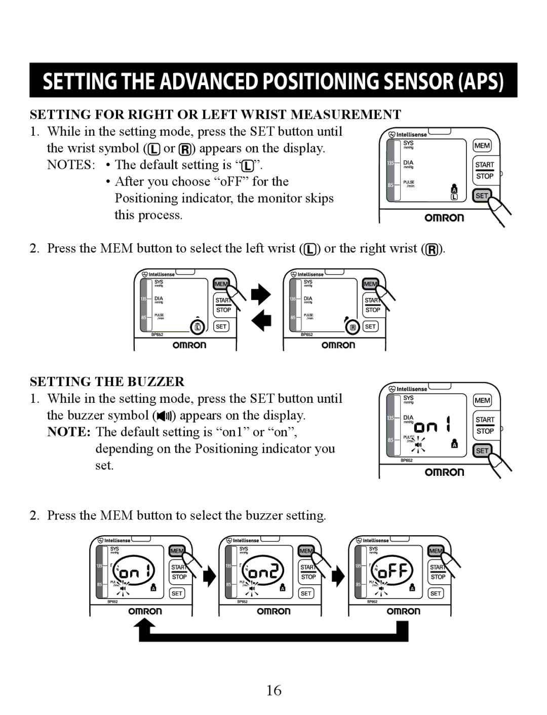 Omron Healthcare BP652 instruction manual Setting for Right or Left Wrist Measurement, Setting the Buzzer 