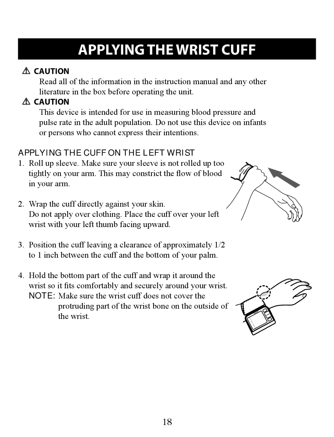 Omron Healthcare BP652 instruction manual Applying the Wrist Cuff, Applying the Cuff on the Left Wrist 