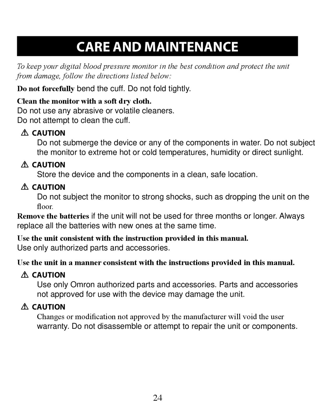 Omron Healthcare BP652 instruction manual Care and Maintenance, Clean the monitor with a soft dry cloth 