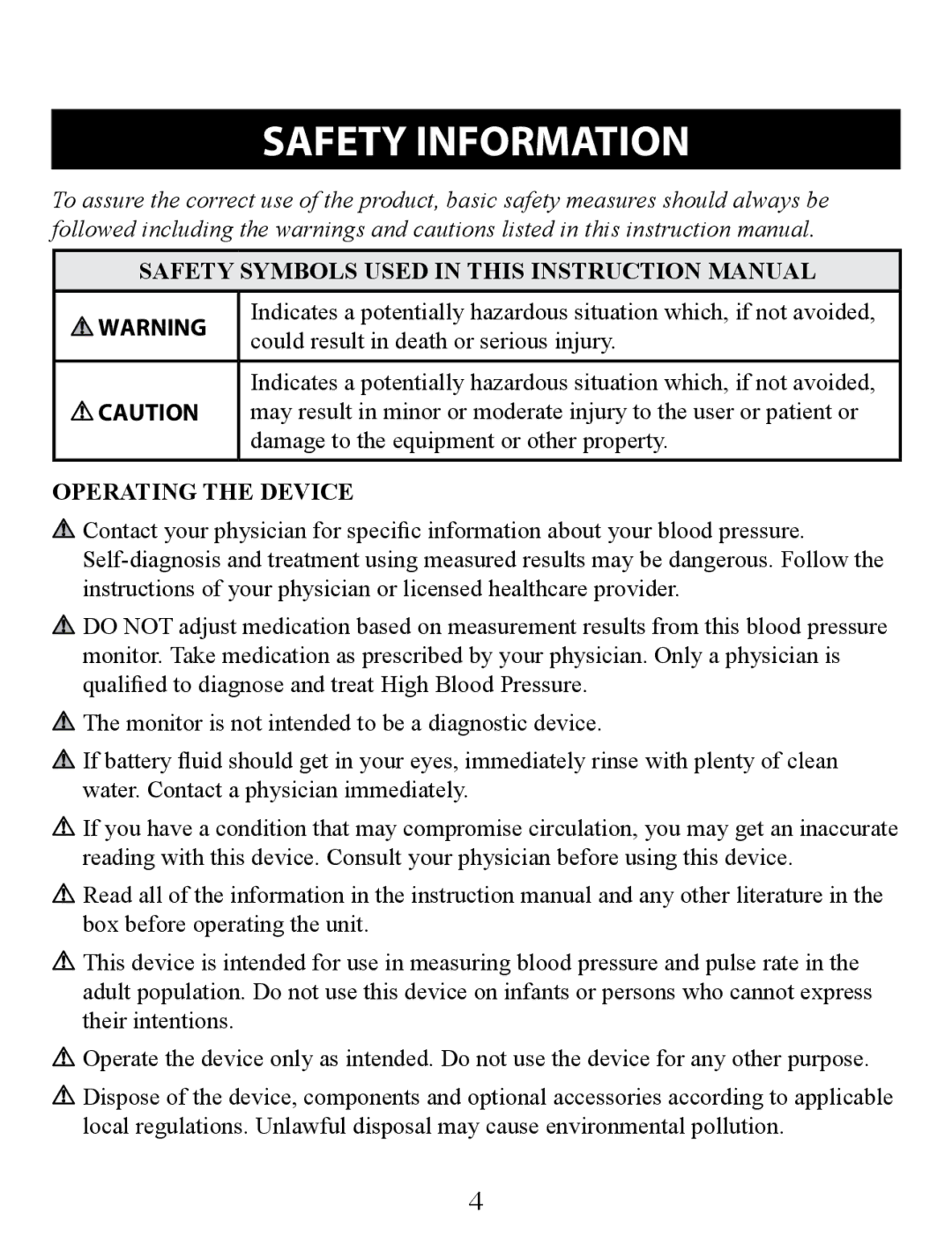 Omron Healthcare BP652 instruction manual Safety Information, Operating the Device 