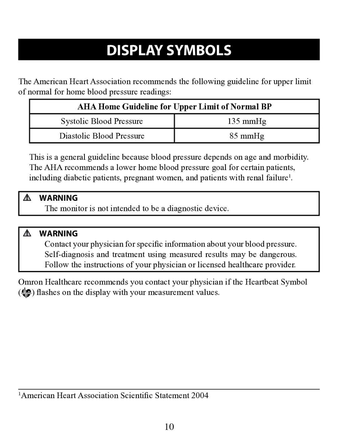 Omron Healthcare BP710 instruction manual AHA Home Guideline for Upper Limit of Normal BP, Systolic Blood Pressure MmHg 