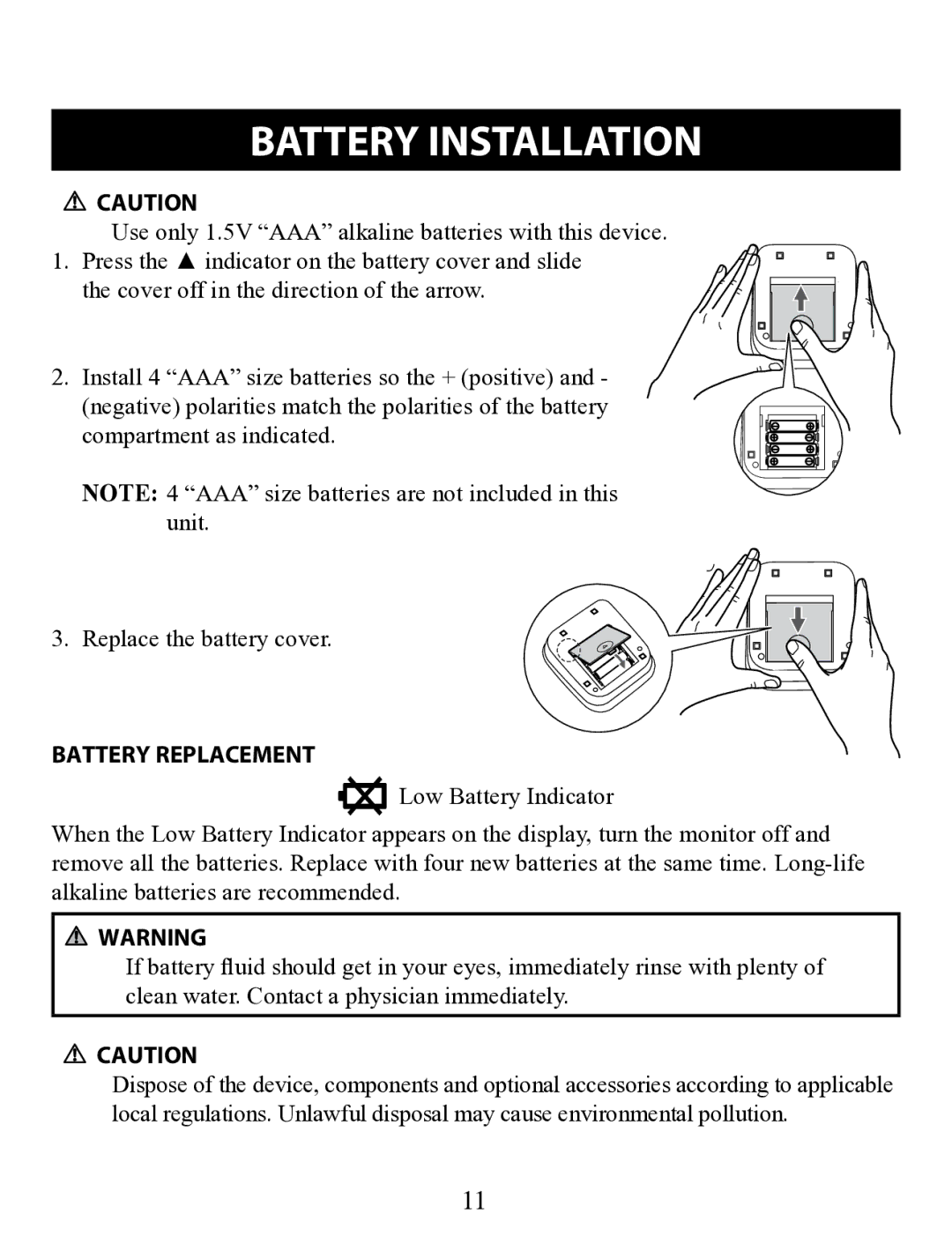 Omron Healthcare BP710 instruction manual Battery Installation, Cover off in the direction of the arrow 