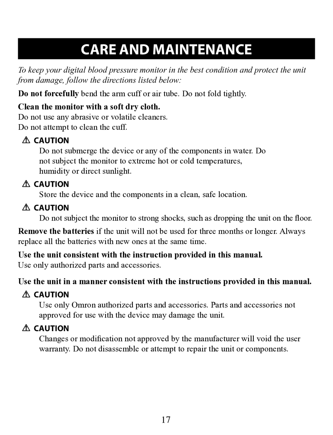 Omron Healthcare BP710 instruction manual Care and Maintenance 