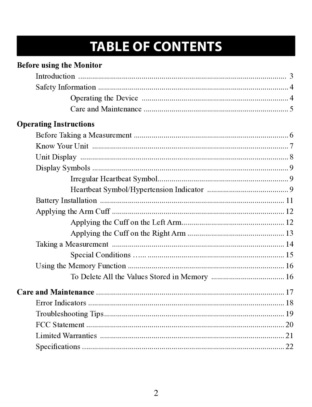 Omron Healthcare BP710 instruction manual Table of Contents 