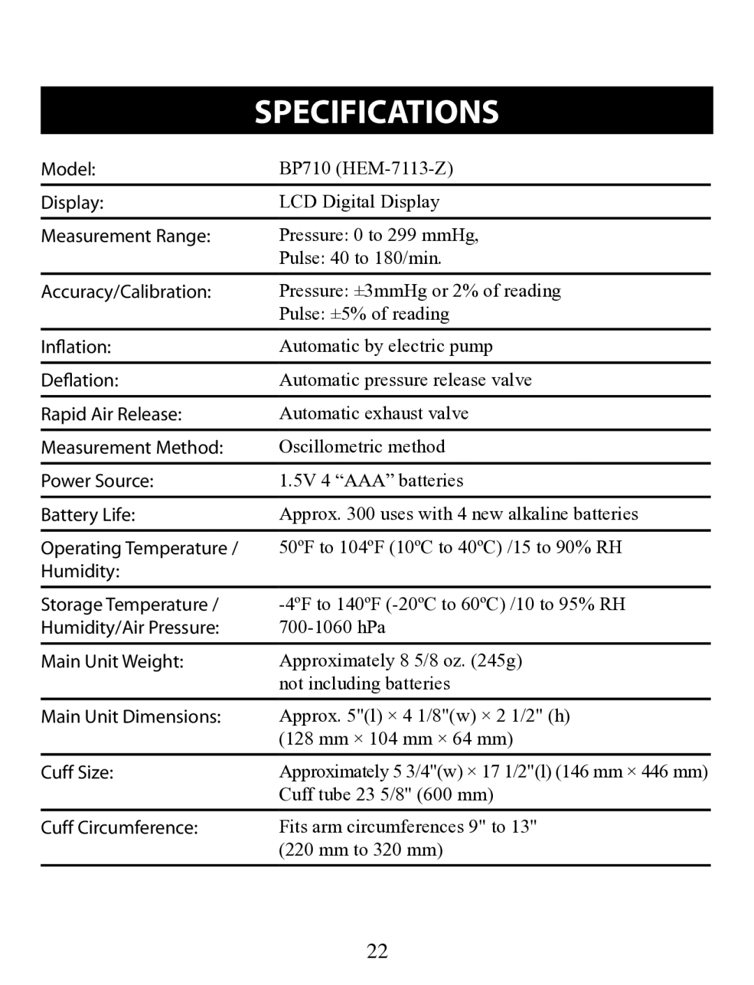 Omron Healthcare BP710 instruction manual Specifications 