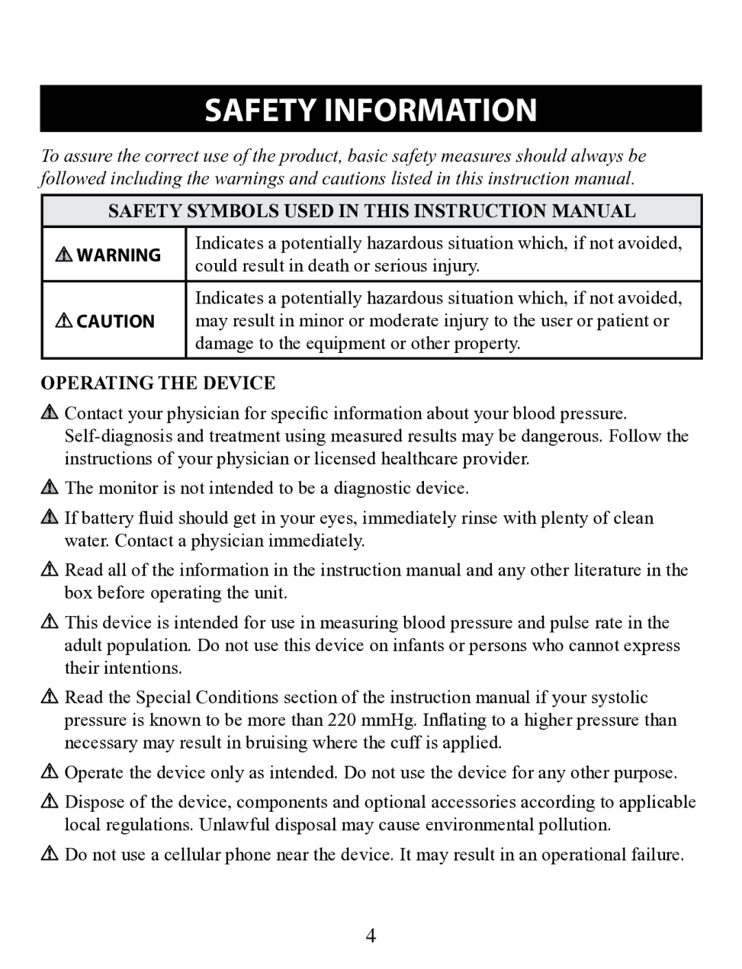 Omron Healthcare BP710 instruction manual Safety Information, Could result in death or serious injury, Operating the Device 