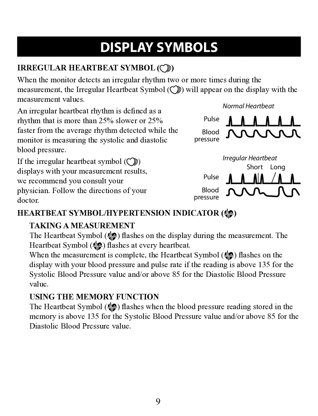 Omron Healthcare BP710 instruction manual Display Symbols, Irregular Heartbeat Symbol, Using the Memory Function 