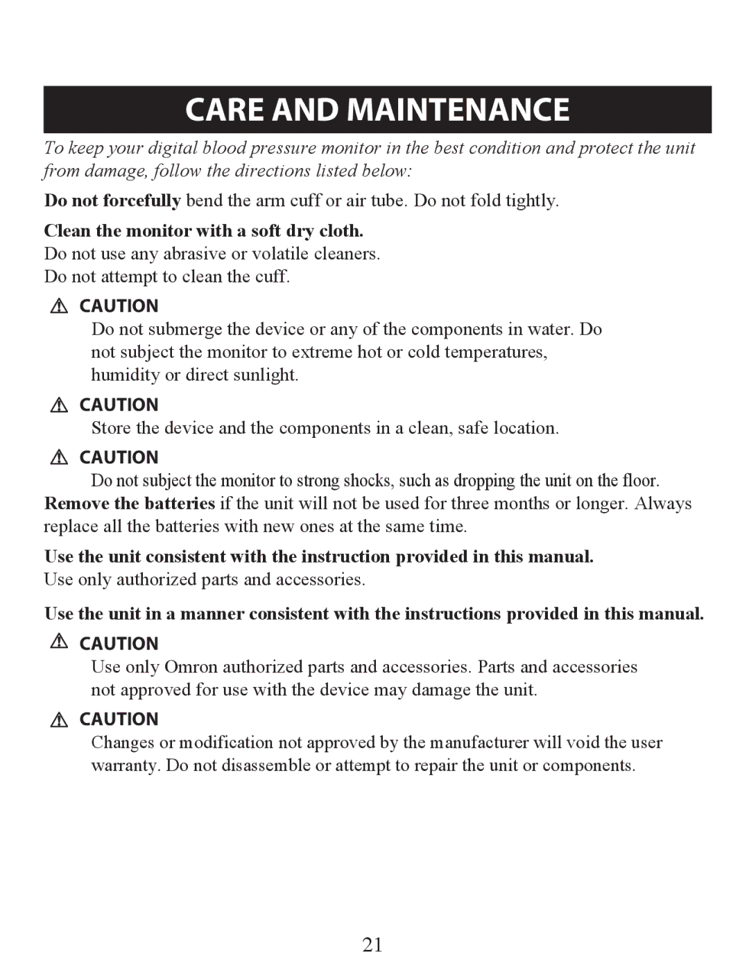 Omron Healthcare BP742 instruction manual Care and Maintenance 