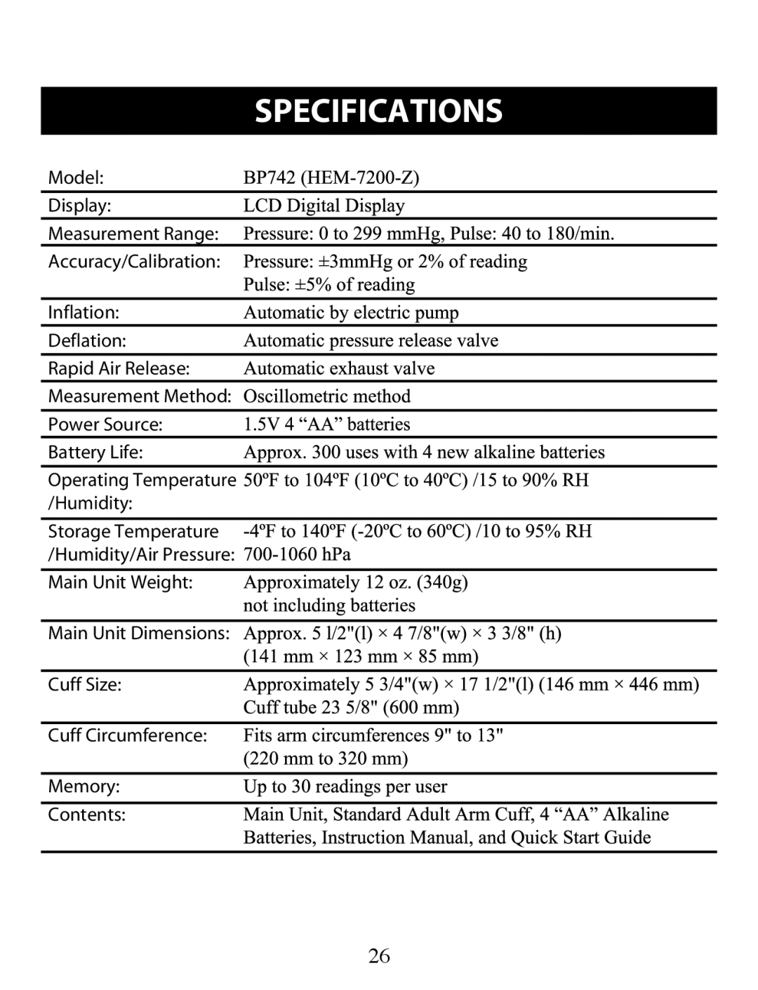 Omron Healthcare BP742 instruction manual Specifications 