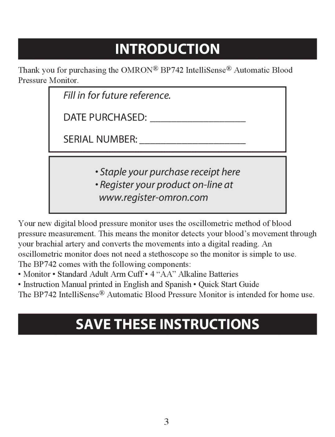 Omron Healthcare BP742 instruction manual Introduction, Staple your purchase receipt here 