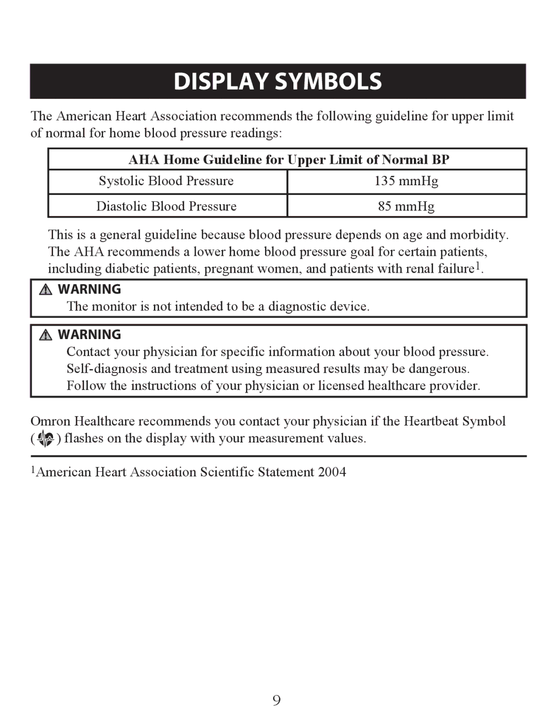 Omron Healthcare BP742 instruction manual AHA Home Guideline for Upper Limit of Normal BP 