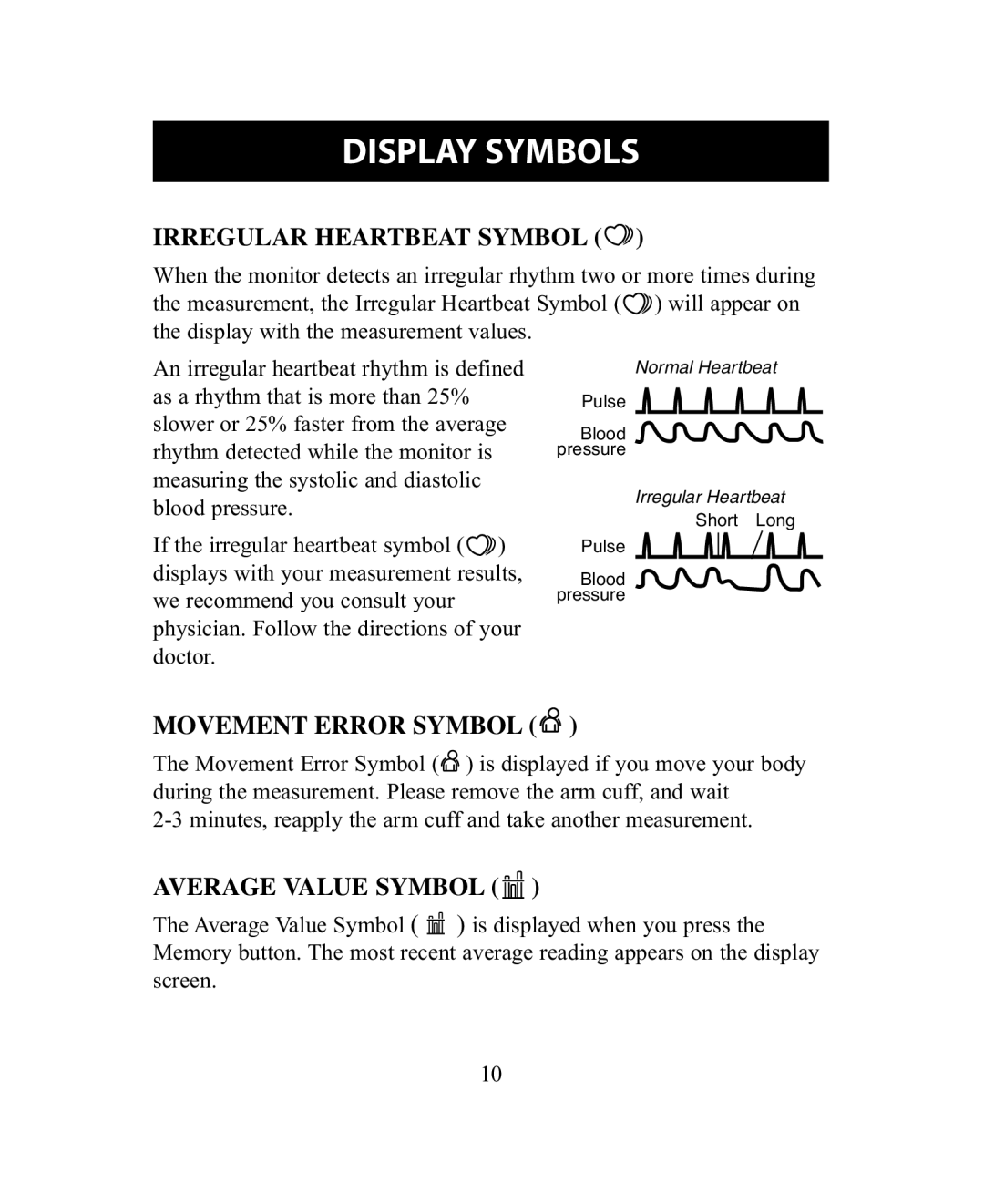 Omron Healthcare BP755 Display Symbols, Irregular Heartbeat Symbol, Movement Error Symbol, Average Value Symbol 