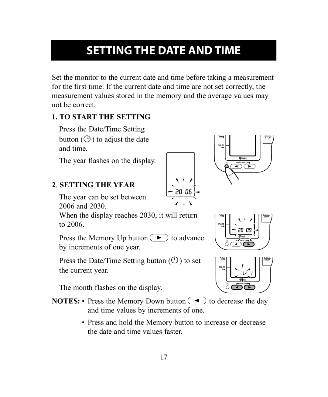 Omron Healthcare BP755 instruction manual Setting the Date and Time, To Start the Setting, Setting the Year 