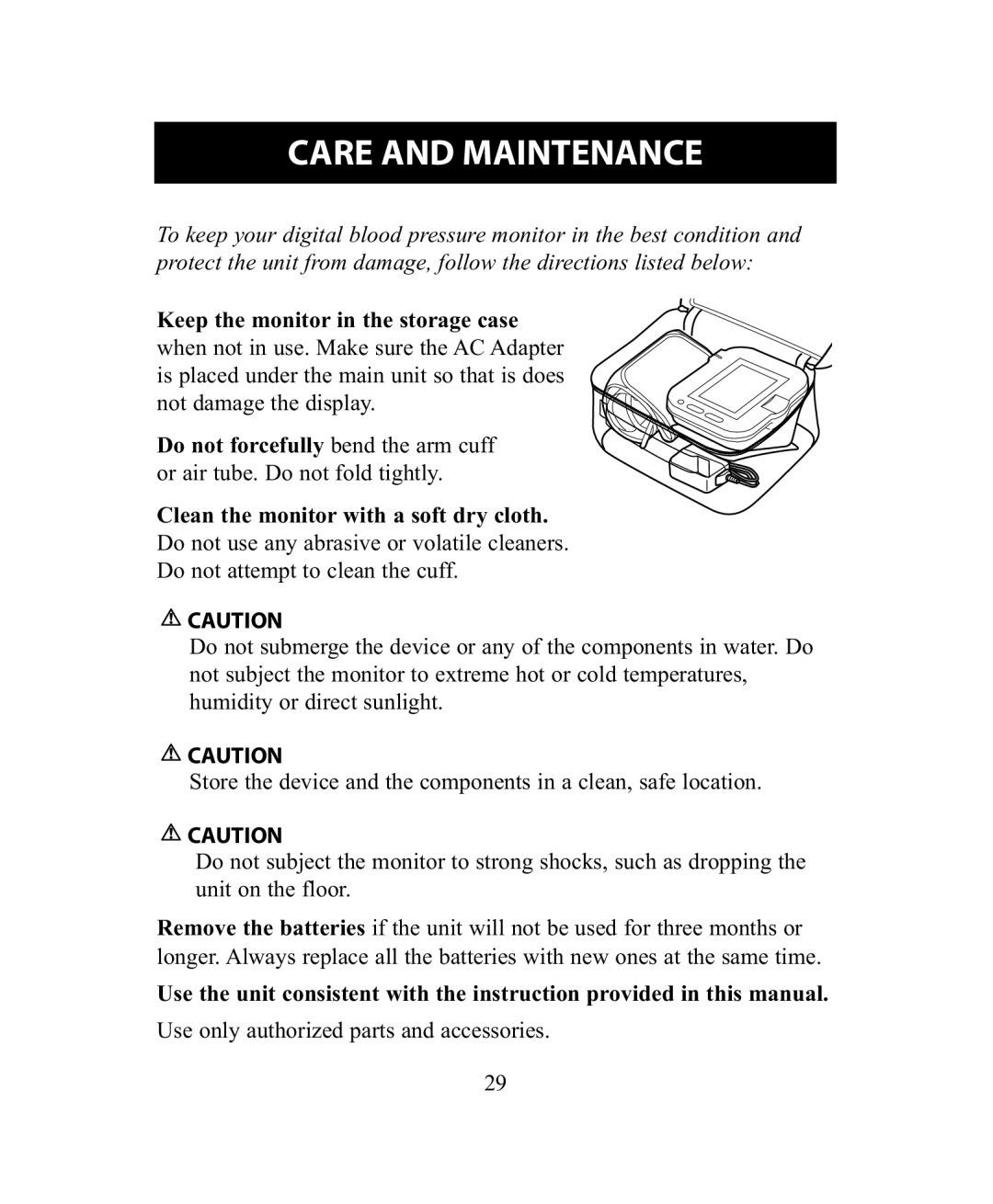 Omron Healthcare BP755 instruction manual Care and Maintenance, Keep the monitor in the storage case 