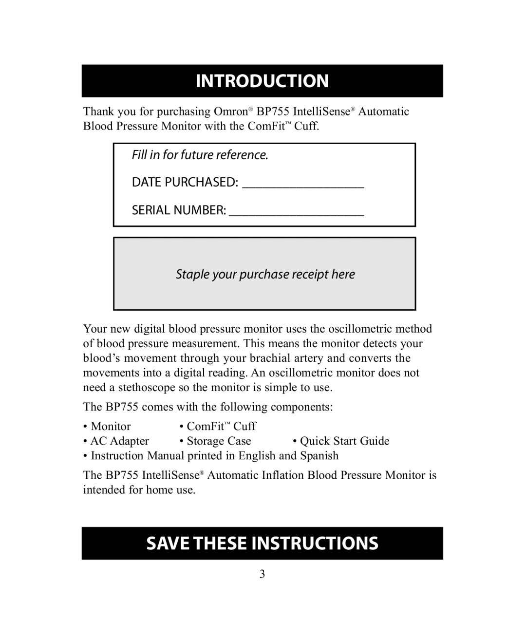 Omron Healthcare BP755 instruction manual Introduction, Staple your purchase receipt here 