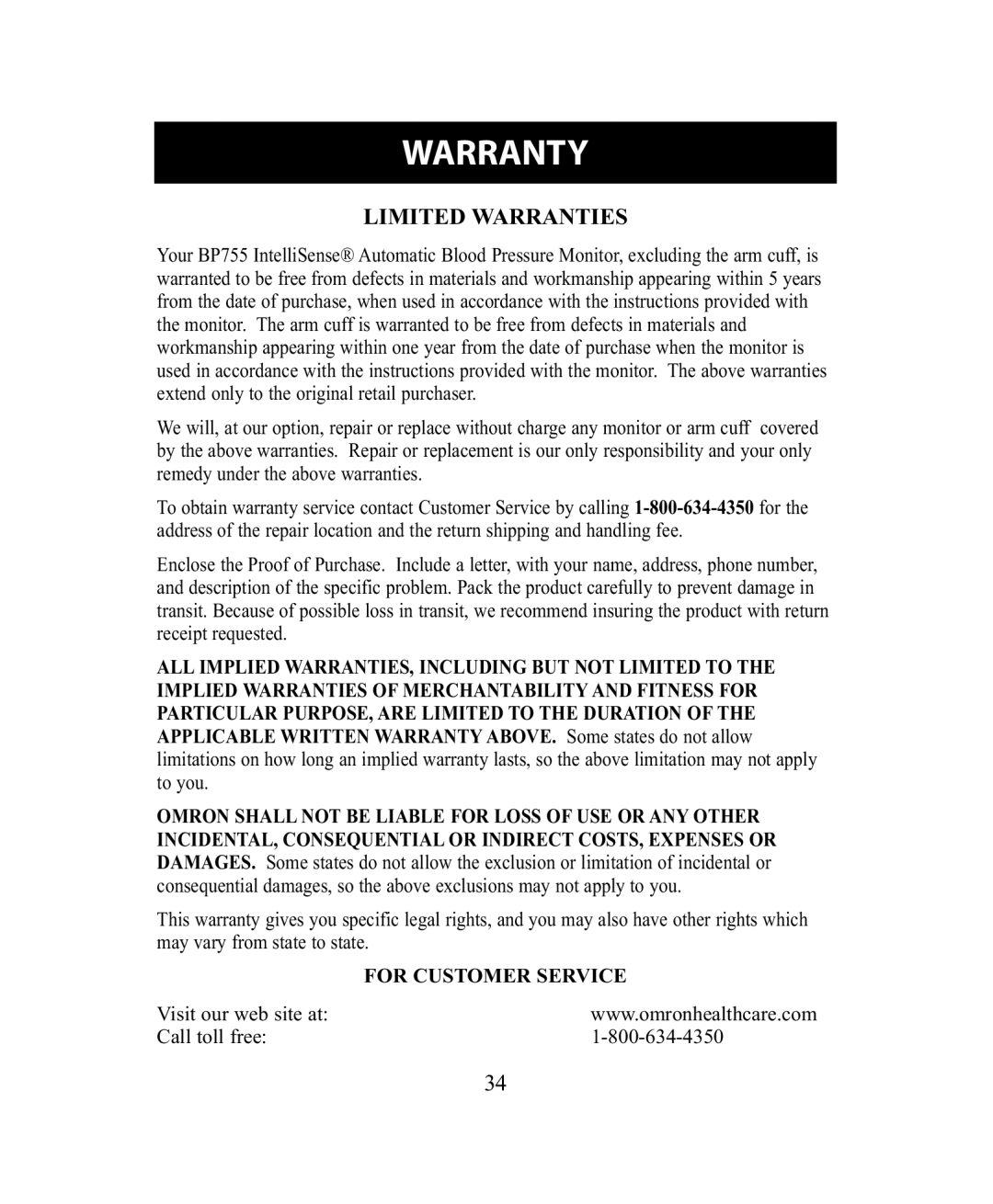 Omron Healthcare BP755 instruction manual Warranty, Limited Warranties 