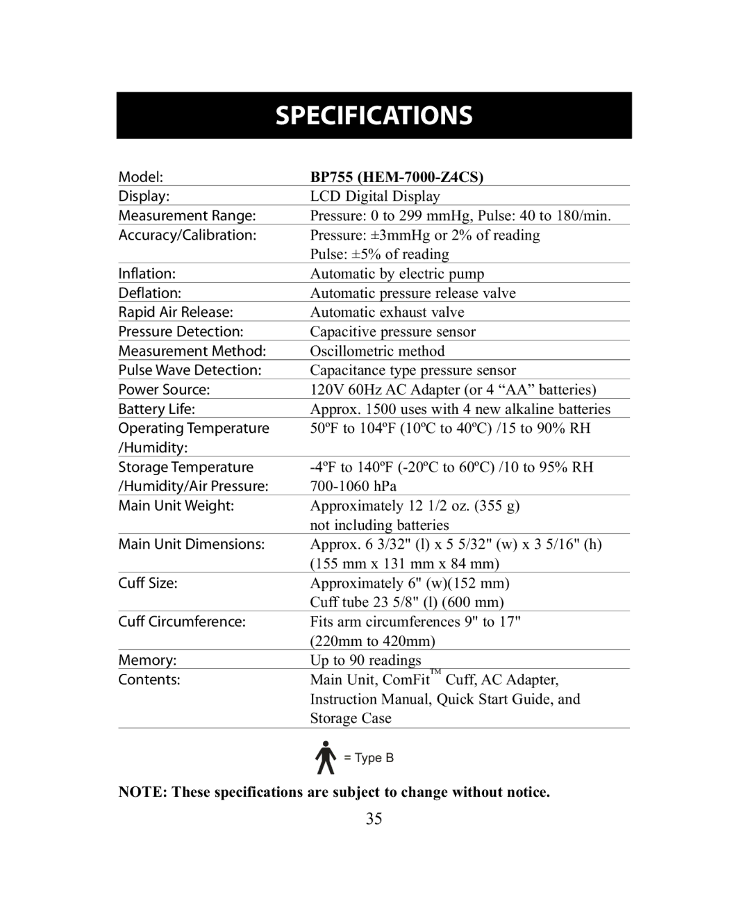 Omron Healthcare instruction manual Specifications, BP755 HEM-7000-Z4CS 