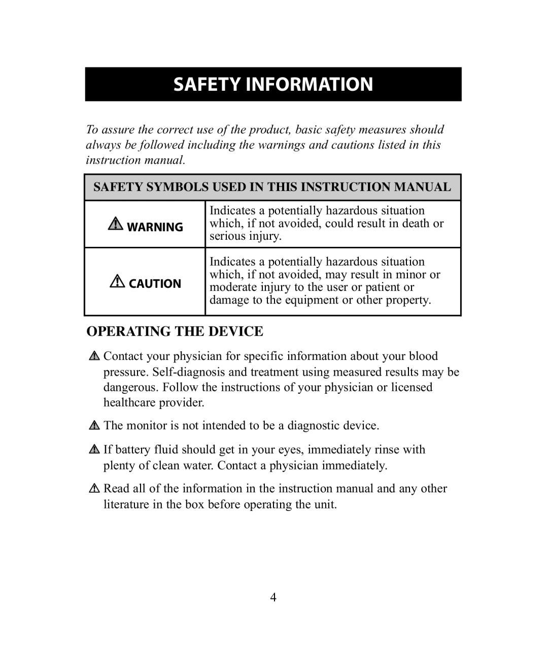 Omron Healthcare BP755 instruction manual Safety Information, Operating the Device 