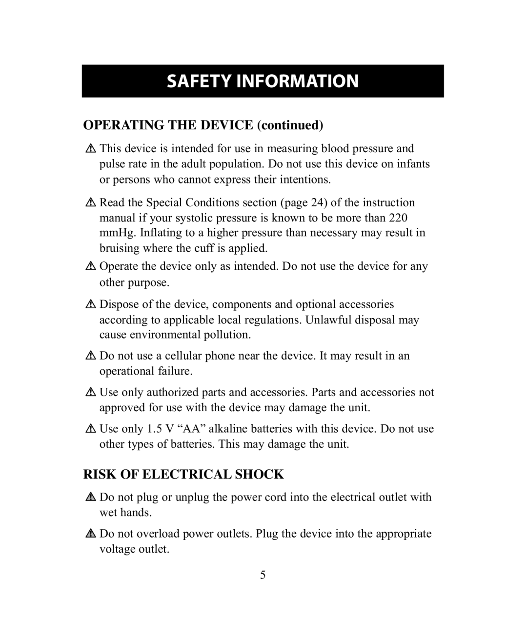 Omron Healthcare BP755 instruction manual Operating the Device, Risk of Electrical Shock 