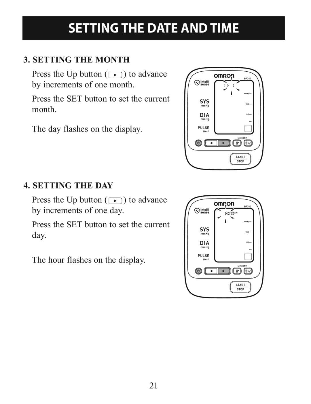 Omron Healthcare BP760 instruction manual Setting the Month 