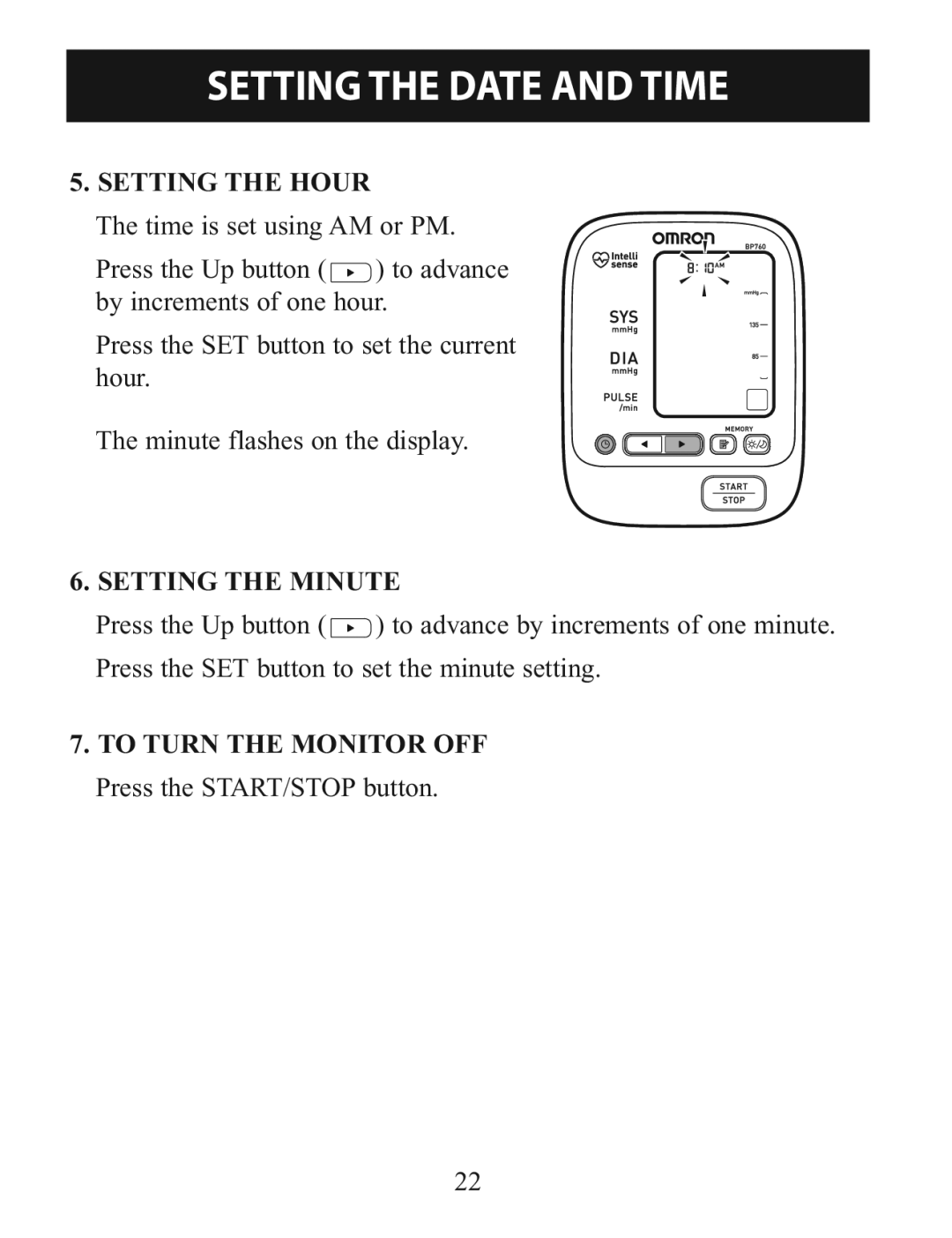 Omron Healthcare BP760 instruction manual Setting the Hour 