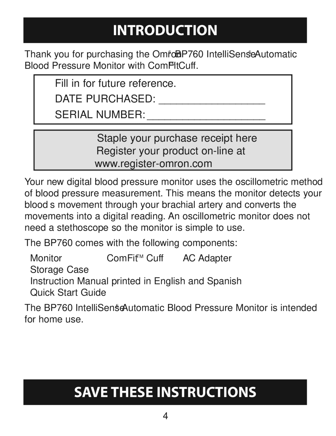 Omron Healthcare BP760 instruction manual Introduction, Staple your purchase receipt here 