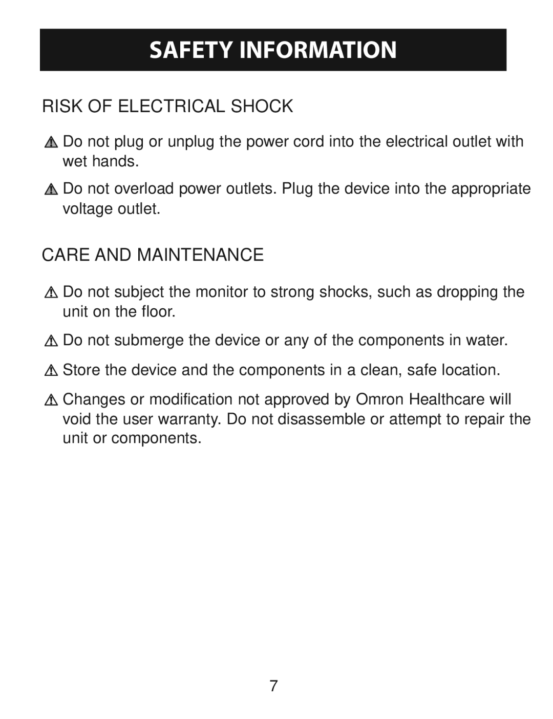 Omron Healthcare BP760 instruction manual Risk of Electrical Shock, Care and Maintenance 