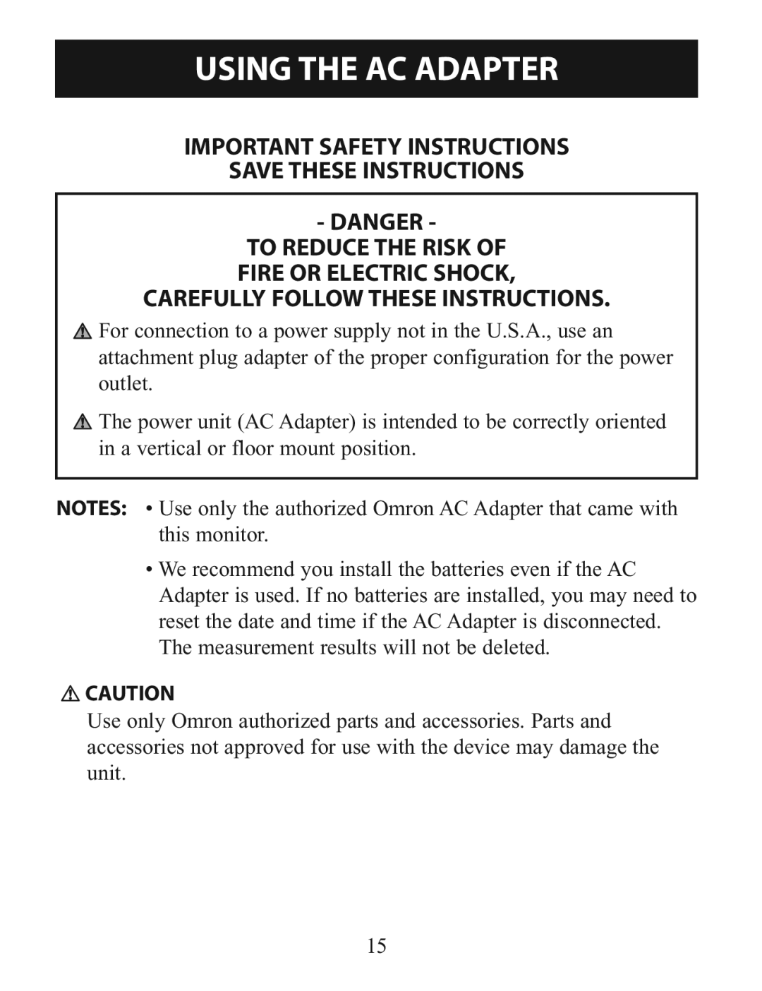 Omron Healthcare BP785 instruction manual Using the AC Adapter 